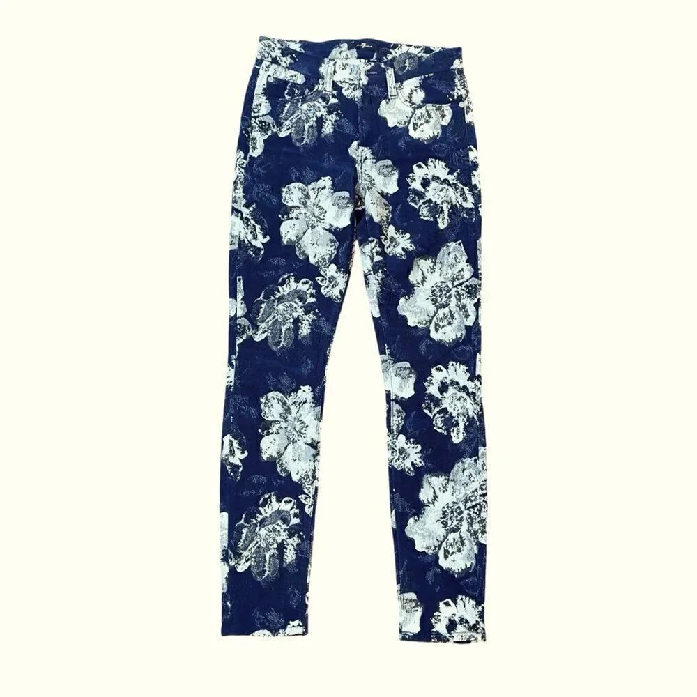7 for All Mankind Navy Floral Skinny Pants Size 25